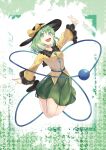  1girl :d absurdres arm_behind_back arm_up bare_legs blouse bow breasts buttons diamond_button frilled_sleeves frills full_body green_eyes green_hair green_skirt hair_between_eyes hat hat_bow highres komeiji_koishi legs_folded legs_together long_sleeves looking_at_viewer medium_hair midair miniskirt rice_(okome_no_naru_ki) shirt skirt small_breasts smile solo touhou wide_sleeves yellow_bow yellow_shirt 