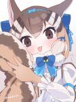  1girl animal_ears belt brown_eyes brown_hair chipmunk_ears chipmunk_girl chipmunk_tail extra_ears gloves highres kemono_friends kemono_friends_v_project looking_at_viewer microphone ribbon sarutori shirt short_hair siberian_chipmunk_(kemono_friends) simple_background solo tail tongue upper_body v vest virtual_youtuber 