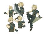  1boy absurdres armor baggy_pants belt black_footwear blonde_hair blue_eyes blue_pants blue_shirt boots brown_belt brown_gloves buster_sword closed_eyes cloud_strife dododo final_fantasy final_fantasy_vii final_fantasy_vii_rebirth final_fantasy_vii_remake gloves hair_between_eyes hand_in_own_hair hand_to_own_mouth highres holding holding_sword holding_weapon male_focus multiple_belts multiple_views pants shirt short_hair shoulder_armor shrugging single_bare_shoulder single_shoulder_pad sleeveless sleeveless_turtleneck solo spiky_hair suspenders sword turtleneck weapon white_background 