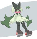  1other :3 body_fur boots brown_footwear cape cat eye_mask full_body green_cape green_fur meowscarada pokemon pokemon_(creature) red_eyes simple_background solo ylit_shalmon2 