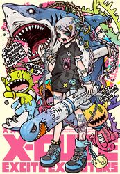  1girl alternate_weapon belt_chain bracelet chain decora english_text engrish_text frutiger_metro highres jewelry kirby lock missile missile_kirby monster original padlock profanity project.c.k. punk ranguage shark sharp_teeth shouting skull tattoo tatu teeth thumb_ring weapon 