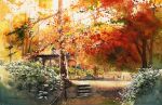  autumn_leaves bush fence_post highres leaf maple_leaf maple_tree no_humans original painting_(medium) park path plant rope_fence scenery shelter shimizu_megumi_(m_acquerello) traditional_media tree watercolor_(medium) weeds 