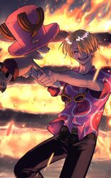  2boys ^_^ antlers beard_stubble belt blonde_hair closed_eyes commentary_request curly_eyebrows dancing facial_hair fire goggles goggles_around_neck hair_over_one_eye hat highres horns male_focus momo0305777 multiple_boys one_piece open_mouth pink_hat pink_shirt reindeer_antlers sanji_(one_piece) shirt short_hair short_sleeves smile stubble tony_tony_chopper 