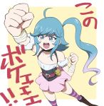  1girl arm_up bare_shoulders belt blue_eyes blue_hair clenched_hands gradient_hair kamijou_ehoko long_hair multicolored_hair open_mouth pink_skirt shouting side_ponytail simple_background skirt striped_clothes striped_thighhighs teeth thigh-highs uma_(umagaobanana) upper_teeth_only yellow_background yu-gi-oh! yu-gi-oh!_go_rush!! 