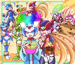 1girl 6+boys absurdres armor black_eyes blonde_hair blue_armor blue_eyes blue_footwear blue_helmet boots chasing clenched_hand closed_eyes copy_x_(mega_man) cyber_elf_x_(mega_man) dual_wielding eating energy_sword fairy_leviathan_(mega_man) fang fighting_fefnir_(mega_man) fins food forehead_jewel green_armor green_eyes green_footwear green_helmet halo head_fins head_wings heart helmet hidden_phantom_(mega_man) highres holding holding_food holding_polearm holding_sword holding_weapon horns ice_cream ice_cream_cone long_hair mechanical_wings mega_man_(series) mega_man_zero_(series) meshiuma0x multiple_boys ninja omega_(mega_man) open_mouth oversized_food oversized_object polearm purple_armor purple_footwear purple_helmet red_armor red_eyes red_footwear red_helmet red_scarf running sage_harpuia_(mega_man) scarf spear speech_bubble spoken_heart spoken_sweatdrop sweat sweatdrop sword teeth thigh_boots upper_teeth_only weapon wings x_(mega_man) zero(z)_(mega_man) zero_(mega_man) 