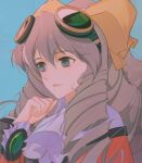  1girl blue_eyes bow dress drill_hair goggles goggles_on_head grey_hair hair_bow highres light_smile long_hair looking_to_the_side maria_balthasar nagamerin parted_lips solo upper_body xenogears yellow_bow 
