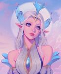  1girl absurdres bare_shoulders blue_eyes clouds cloudy_sky crescentkitten crying detached_sleeves hair_ornament head_wings highres immortal_journey_soraka jewelry league_of_legends long_hair official_alternate_costume pointy_ears sky solo soraka_(league_of_legends) tears white_hair wings 