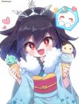  1girl black_hair blue_hair blush food fur-trimmed_kimono fur_trim goku_fubukihime heart high_ponytail holding holding_ice_cream_cone ice_cream ice_cream_cone japanese_clothes kimono long_hair looking_at_viewer mint_chocolate open_mouth red_eyes simple_background snowman solo tabana traditional_youkai twitter_username white_background youkai_(youkai_watch) youkai_watch youkai_watch:_punipuni yuki_onna 