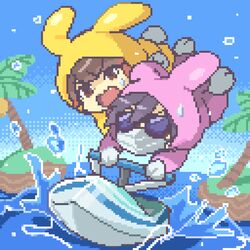  2boys animal_costume blue_sky brown_eyes brown_hair chibi commentary_request cosplay fang full_body highres island jet_ski jiz_(pffbq) kigurumi kiyo_(youtuber) male_focus mask mouth_mask multiple_boys ocean open_mouth outdoors pixel_art rabbit_costume real_life redhead riding sky splashing sunglasses surgical_mask sweatdrop water 