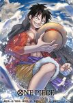  1boy abs black_cape black_hair cape clenched_hand clouds collared_cape commentary_request copyright_name denim2 hat holding holding_clothes holding_hat looking_at_viewer male_focus monkey_d._luffy official_art one_piece one_piece_card_game open_clothes open_shirt orange_shorts purple_sash sash scar scar_on_chest short_hair shorts sky smile smoke solo straw_hat 