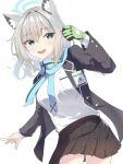  1girl :d animal_ear_fluff animal_ears black_jacket black_skirt blue_archive blue_eyes blue_halo blue_scarf blush bright_pupils commentary extra_ears eyelashes eyes_visible_through_hair gloves green_gloves grey_hair hair_between_eyes halo hand_up happy highres id_card jacket kakinox long_sleeves looking_at_viewer medium_hair miniskirt mismatched_pupils open_clothes open_jacket open_mouth plaid plaid_skirt pleated_skirt scarf shiroko_(blue_archive) shirt simple_background single_glove skirt smile solo teeth tsurime upper_teeth_only white_background white_pupils white_shirt wolf_ears 