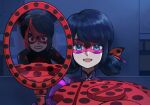  2girls angry black_hair blue_background blue_eyes blue_hair bodysuit double_bun hair_bun highres ladybug_(character) marinette_dupain-cheng mask miraculous_ladybug mirror multiple_girls open_mouth polka_dot red_eyes red_mask riri_04300430 shadybug short_twintails smile superhero_costume twintails 