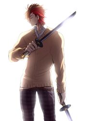  1boy brown_cardigan brown_hair cardigan closed_eyes collared_shirt contemporary cowboy_shot dual_wielding expressionless holding holding_sword holding_weapon katana kkkaaaayyy male_focus multicolored_hair pants plaid_clothes plaid_pants redhead sengoku_basara shima_sakon_(sengoku_basara) shirt short_hair simple_background sword two-tone_hair weapon white_background white_shirt 