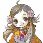  1girl ahoge apple brown_eyes brown_hair collared_cloak fire_emblem fire_emblem_fates flower food freckles fruit grapes hair_flower hair_ornament holding holding_food holding_fruit lowres mozu_(fire_emblem) shia_lifestyle sidelocks smile solo wrist_guards 