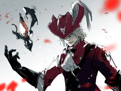  1boy ascot black_gloves elbow_gloves final_fantasy final_fantasy_xiv floating floating_object gloves hat hat_feather looking_at_viewer male_focus red_hat red_mage_(final_fantasy) shirt solo white_ascot x'rhun_tia yabuka_shiwa 