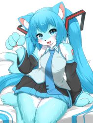  1girl animal_ear_fluff animal_ears barefoot black_skirt black_sleeves blue_eyes blue_hair blue_necktie blush breasts cat_ears cat_girl cat_tail commentary_request dated detached_sleeves fangs foot_out_of_frame furrification furry furry_female grey_shirt hatsune_miku highres horokusa_(korai) long_hair long_sleeves looking_at_viewer medium_bangs medium_breasts necktie open_mouth pleated_skirt shirt sitting skirt sleeveless sleeveless_shirt smile solo tail very_long_hair vocaloid 