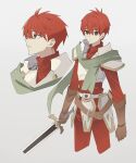  1boy adol_christin ahoge ancient_ys_vanished armor brown_eyes brown_gloves double-parted_bangs george_man gloves hair_between_eyes highres holding holding_sword holding_weapon pauldrons redhead scarf short_hair shoulder_armor simple_background solo sword weapon white_background ys 