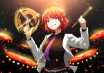  1girl absurdres black_shirt collared_shirt commentary dated drumsticks english_text gift_art highres holding holding_drumsticks horikawa_raiko looking_at_viewer necktie purple_necktie red_eyes redhead shirt signature smile solo textless_version touhou upper_body v-shaped_eyebrows xen0moonz 