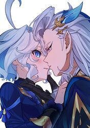  1boy 1girl ascot black_gloves blue_eyes blue_hair blue_sleeves blue_suit blush collar couple cowlick curly_hair eyelashes face-to-face feather_hair_ornament feathers forehead-to-forehead frilled_collar frilled_cuffs frills furina_(genshin_impact) genshin_impact gloves gold grey_eyes hair_intakes hair_ornament hand_on_another&#039;s_chin hand_on_another&#039;s_shoulder harukiryo heads_together hetero highres kodona light_blue_hair lolita_fashion long_hair long_sleeves multicolored_hair neuvillette_(genshin_impact) open_hand parted_lips pointy_ears short_hair sideburns single_hair_intake streaked_hair suit swept_bangs white_background white_hair 