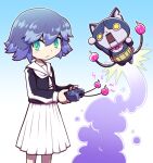  1girl aqua_eyes blue_hair cat controller flame-tipped_tail gradient_background haramaki himekawa_fubuki holding holding_remote_control jetpack looking_at_viewer multiple_tails nollety non-humanoid_robot notched_ear pleated_skirt remote_control rivets robonyan robot robot_animal robot_cat short_hair skirt tail two_tails white_skirt yellow_eyes youkai_(youkai_watch) youkai_watch youkai_watch_jam:_youkai_gakuen_y 