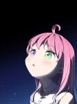  1girl ahoge blush close-up commentary green_eyes heterochromia highres himemori_luna hololive long_hair looking_afar looking_up meru_corone night night_sky outdoors parted_lips pink_hair sky solo symbol-only_commentary violet_eyes virtual_youtuber 