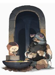  ^_^ absurdres beard closed_eyes creature crossover dungeon dungeon_meshi dwarf eating facial_hair fake_horns food helmet highres holding holding_food horned_helmet horns long_beard senshi_(dungeon_meshi) soup waterkuma 