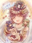  2boys 3girls ahoge angel angel_wings anniversary black_hair blonde_hair brown_hair collarbone dark_pit diadem flower forehead_jewel green_hair hair_flower hair_ornament heart highres kid_icarus kid_icarus_uprising laurel_crown medusa_(kid_icarus) mini_person multiple_boys multiple_girls on_head palutena pit_(kid_icarus) ponytail smile snake_hair sparkle suruga_kanade violet_eyes viridi wings 