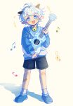   1boy animal_ears bell blue_eyes blush child commentary full_body highres horns humanization instrument jingle_bell looking_at_viewer male_focus music musical_note open_mouth playing_instrument sheep_boy sheep_ears sheep_horns shunzhiyuanweiji92252 signature smile solo symbol-only_commentary ukulele white_background white_hair