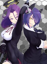  2girls back-to-back black_dress black_gloves black_sweater checkered_necktie collared_shirt dress dress_shirt eyepatch gloves hair_between_eyes hair_intakes halo headgear highres honeycomb_(pattern) honeycomb_background kantai_collection loose_hair_strand mechanical_halo multiple_girls necktie purple_hair shirt short_hair sweater tatsuta_(kancolle) tenryuu_(kancolle) tussy violet_eyes white_shirt yellow_eyes 