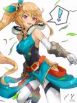  ! 1girl :d bare_shoulders blonde_hair blue_dress dragalia_lost dress elbow_gloves elisanne gloves long_hair red_eyes side_ponytail sleeveless sleeveless_dress smile solo spoken_exclamation_mark takasaka_light very_long_hair white_gloves 