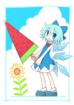  1girl asameshi blue_bow blue_dress blue_eyes blue_hair bow cirno clouds cloudy_sky detached_wings dress fairy fairy_wings flower food fruit hair_bow holding holding_sword holding_weapon ice ice_wings pinafore_dress sky sleeveless sleeveless_dress sunflower sword touhou watermelon weapon wings 