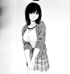  1girl bad_id bad_pixiv_id black_hair breasts closed_mouth dende_(dndn222) greyscale highres large_breasts looking_to_the_side medium_hair monochrome original own_hands_together plaid plaid_skirt scan scan_artifacts shirt skirt solo standing sweater traditional_media white_shirt 
