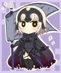  1girl absurdres ahoge armor armored_dress black_cloak black_dress black_gloves black_thighhighs blush breasts chibi cloak closed_mouth commentary_request dress fate/grand_order fate_(series) flag full_body fur-trimmed_cloak fur_trim gloves headpiece highres holding holding_flag jeanne_d&#039;arc_alter_(avenger)_(fate) jeanne_d&#039;arc_alter_(fate) light_brown_hair medium_breasts outline purple_background sheath smile solo sparkle standing thigh-highs white_outline yuya090602 