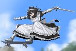  &gt;:) 1girl apron armored_boots back_bow black_dress black_hair blue_eyes boots bow clouds dress floating_hair formicid frilled_apron frilled_dress frills full_body gauntlets glint hair_between_eyes highres holding holding_sword holding_weapon long_hair maid maid_headdress midair original outstretched_arms skateboard skateboarding sky smile solo sword tree v-shaped_eyebrows weapon white_apron 