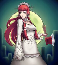  1girl absurdres axe chain collar ememtrp frilled_collar frilled_hairband frills full_moon gothic_lolita hairband highres lolita_fashion lolita_hairband moon object_through_head persona persona_3 persona_3_reload redhead ribbon sword_in_head white_ribbon yoshino_chidori 