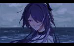  1girl acheron_(honkai:_star_rail) black_choker choker detached_sleeves earrings glowing glowing_eye hair_over_one_eye honkai:_star_rail honkai_(series) hsmtmg jewelry long_hair looking_at_viewer multicolored_hair ocean portrait purple_hair single_earring solo streaked_hair twitter_username violet_eyes 