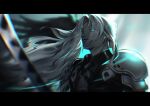  1boy absurdres aqua_eyes armor black_coat blurry blurry_background blurry_foreground closed_mouth coat commentary eyes_visible_through_hair final_fantasy final_fantasy_vii final_fantasy_vii_rebirth final_fantasy_vii_remake floating_hair glowing glowing_eyes highres long_hair looking_at_viewer male_focus masamune_(ff7) nijagen parted_bangs parted_lips sephiroth shoulder_armor smile solo upper_body 