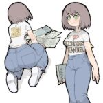  1girl blue_pants book borrowed_character breasts brown_hair commentary denim green_eyes high-waist_pants highres holding holding_book jeans medium_breasts medium_hair original pants pantsu-ripper paper seiza shirt sitting smile tight_clothes tight_shirt 