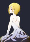  1girl backless_dress backless_outfit bare_back bare_shoulders black_background blonde_hair dress earrings highres idolmaster idolmaster_cinderella_girls jewelry parted_lips profile shirasaka_koume short_hair simple_background solo tamurai_keeda upper_body white_dress 