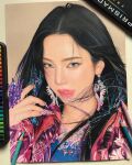  1girl absurdres aespa art_tools_in_frame artist_name artrishtryy asian black_hair blue_hair blue_shirt colored_pencil colored_pencil_(medium) earrings fingernails grey_eyes highres jewelry k-pop karina_(aespa) licking_lips long_fingernails looking_at_viewer multicolored_hair pencil photo_(object) pink_lips purple_nails real_life realistic ribbed_shirt ring shirt solo streaked_hair tongue tongue_out traditional_media 
