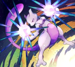  closed_mouth commentary_request energy floating full_body glowing_hands highres legs_apart mewtwo no_humans nostrils pink_eyes pokemon pokemon:_the_first_movie_-_mewtwo_strikes_back pokemon_(anime) pokemon_(classic_anime) pokemon_(creature) serious tail_raised yanedx 