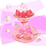  absurdres artist_name food food_focus fruit highres no_humans original parfait pink_ribbon ribbon spoon strawberry takisou_sou whipped_cream 