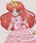  1girl artist_name blue_eyes bracelet chellyko crown dress earrings elbow_gloves gloves gold_bracelet highres jewelry long_hair looking_at_viewer pink_dress pink_gloves princess_shokora puffy_short_sleeves puffy_sleeves redhead short_sleeves sphere_earrings wario_land wario_land_4 