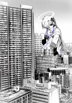  1girl arms_between_legs asymmetrical_sleeves be_be_be_be_(cevio) building cevio city closed_mouth coat commentary_request day giant giantess greyscale hair_ornament hair_over_one_eye halo high_collar highres jinba_(jinbarta2) kamitsubaki_studio kneehighs knees_up long_hair looking_at_viewer mismatched_socks monochrome multicolored_hair o-ring one_eye_covered outdoors purple_hair sekai_(cevio) shorts sitting skyscraper socks solo spot_color streaked_hair uneven_sleeves v_arms 