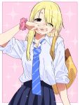  1girl ;p bag blonde_hair blue_eyes blue_necktie collared_shirt gyaru highres long_hair looking_at_viewer necktie one_eye_closed original school_uniform scrunchie shirt skirt sleeves_rolled_up solo sparkle take_shinobu tongue tongue_between_fingers tongue_out upper_body wrist_scrunchie 