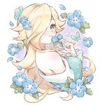  1girl bare_shoulders blonde_hair blue_eyes blue_flower closed_mouth dress flower hair_flower hair_ornament hair_over_one_eye highres holding holding_flower konata_w1225 long_hair long_sleeves looking_at_viewer off-shoulder_dress off_shoulder petals rosalina smile solo super_mario_bros. twitter_username upper_body 