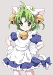  1girl absurdres animal_hat antenna_hair apron back_bow bell blue_bow blue_dress blush bow cat_girl cat_hat cat_tail closed_mouth commentary_request cowboy_shot dejiko di_gi_charat dress frilled_apron frills fujiwara_tatsuroo gloves green_eyes green_hair grey_background hair_bell hair_ornament hands_on_own_hips hat highres jingle_bell looking_to_the_side medium_hair neck_bell parted_bangs petticoat puffy_short_sleeves puffy_sleeves short_sleeves smile solo tail tail_bow tail_ornament two_side_up white_apron white_bow white_gloves white_hat 
