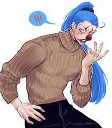  1boy arm_up black_pants blue_eyes blue_hair brown_sweater buggy_the_clown clown_nose cowboy_shot ear_piercing earrings eyelashes hair_tie hand_on_own_hip high_ponytail highres image_in_speech_bubble jewelry lipstick long_hair long_sleeves looking_to_the_side makeup male_focus one_piece open_mouth pants pier piercing ponytail red_lips red_nose sideways_glance simple_background solo speech_bubble sweater teeth turtleneck twitter_username vamos_mk white_background 