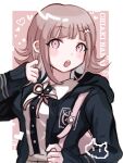  1girl :o blush breasts brown_hair character_name collared_shirt danganronpa_(series) danganronpa_2:_goodbye_despair flipped_hair galaga hair_ornament hand_up hood hood_down ikemen&#039;na_ore-shi jacket long_sleeves medium_hair nanami_chiaki neck_ribbon open_clothes open_jacket pink_eyes ribbon shirt shirt_tucked_in skirt solo teeth two-tone_shirt upper_teeth_only white_background white_shirt 