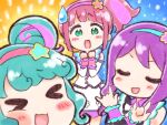  &gt;_&lt; 3girls :d \m/ blue_hair blue_hairband blunt_bangs blush closed_eyes comedic_sweatdrop flower green_eyes hair_bun hair_flower hair_ornament hairband hands_up ikzw junon_(pripara) kanon_(pripara) long_hair looking_at_viewer multicolored_hair multiple_girls open_mouth pink_hair pink_hairband pinon_(pripara) pretty_series pripara purple_hair shirt side_ponytail sidelocks single_side_bun skirt smile sparkle standing star_(symbol) streaked_hair white_shirt white_skirt 